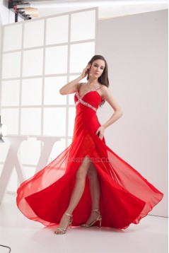 Sheath/Column Brush Sweep Train Sleeveless Long Red Chiffon Prom/Formal Evening Dresses 02020289