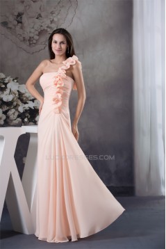 Sheath/Column Handmade Flowers Chiffon One-Shoulder Long Prom/Formal Evening Bridesmaid Dresses 02020297