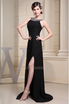 Beaded Long Black Brush Sweep Train Beading Scoop Prom/Formal Evening Dresses 02020342
