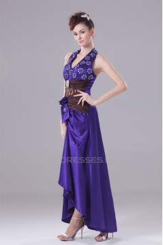 Handmade Flowers Elastic Woven Satin Beaded Halter Prom/Formal Evening Dresses 02020371