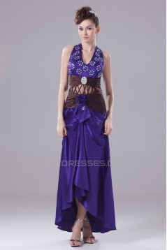 Handmade Flowers Elastic Woven Satin Beaded Halter Prom/Formal Evening Dresses 02020371
