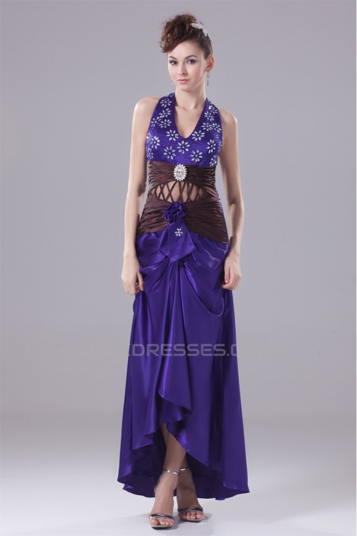 Handmade Flowers Elastic Woven Satin Beaded Halter Prom/Formal Evening Dresses 02020371