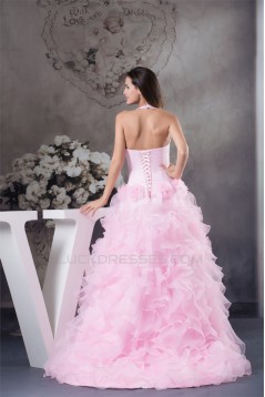 A-Line Sleeveless Satin Organza Brush Sweep Train Pink Prom/Formal Evening Dresses 02020379