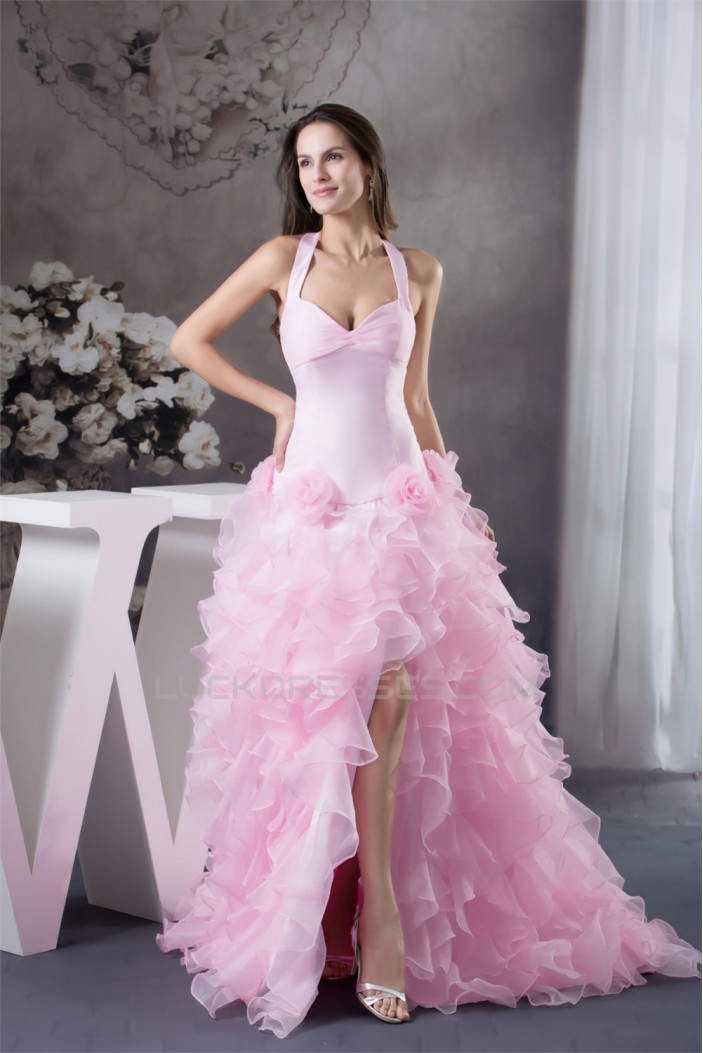 A-Line Sleeveless Satin Organza Brush Sweep Train Pink Prom/Formal Evening Dresses 02020379