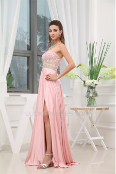A-Line Sweetheart Beaded Long Pink Chiffon Prom Evening Formal Dresses 02020384