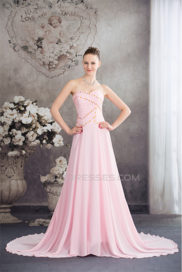 A-Line Sweetheart Beaded Long Pink Chiffon Prom/Formal Evening Dresses 02020387