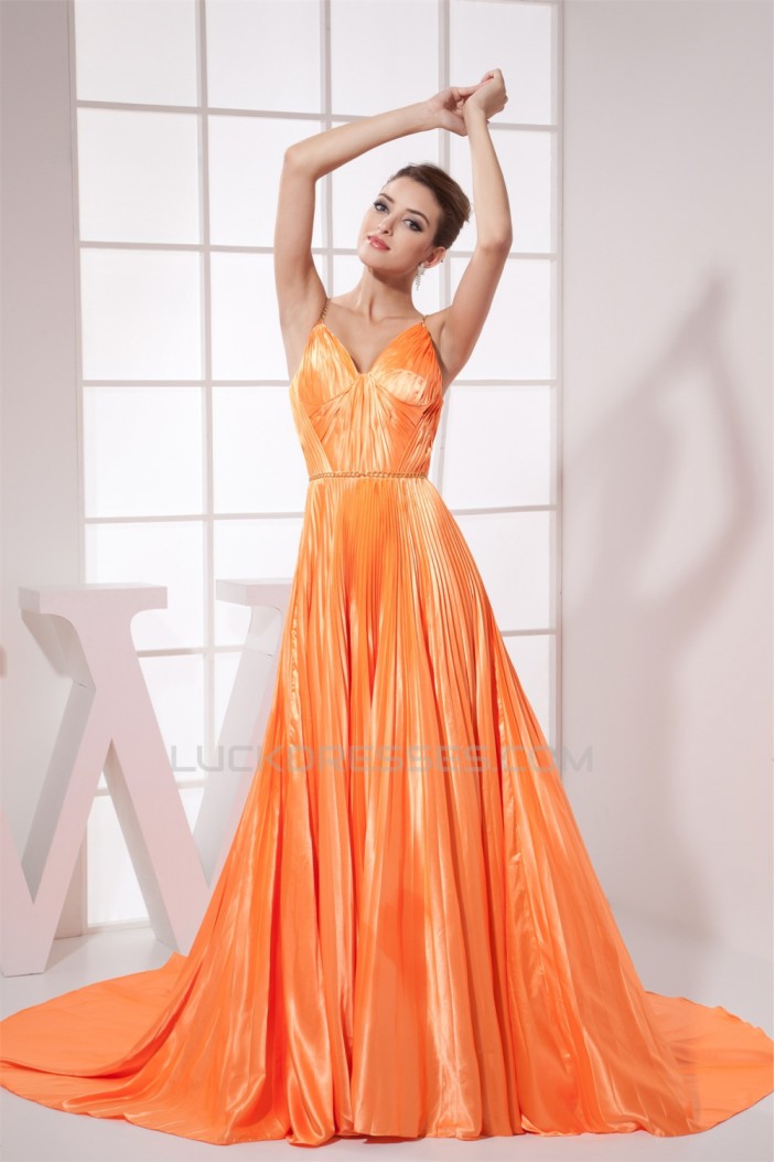 A-Line V-Neck Sleeveless Ruffles Brush Sweep Train Prom/Formal Evening Dresses 02020449