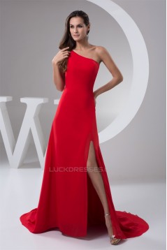 Beading Chiffon Brush Sweep Train Sheath/Column One-Shoulder Evening Bridesmaid Dresses 02020477