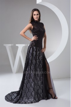 High-Neck Lace Sequins Long Black Prom/Formal Evening Dresses 02020533