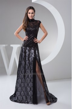 High-Neck Lace Sequins Long Black Prom/Formal Evening Dresses 02020533