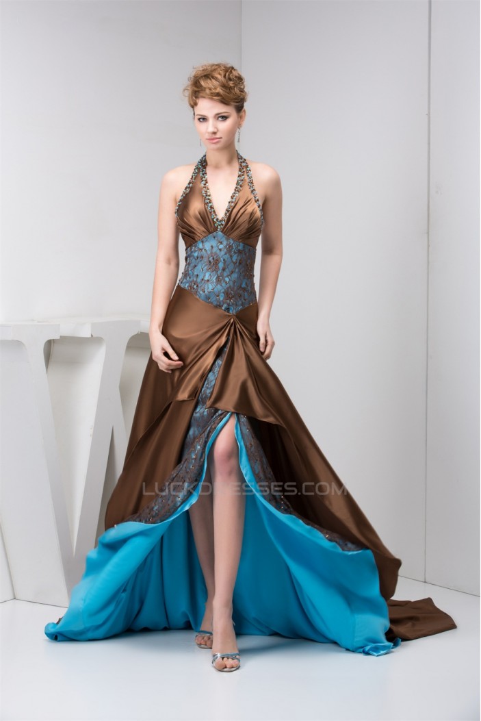 Sleeveless Halter Lace A-Line Brush Sweep Train Prom/Formal Evening Dresses 02020584