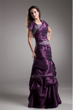 A-Line Taffeta Pleats Floor-Length Short Sleeve Mother of the Bride Dresses 02020639