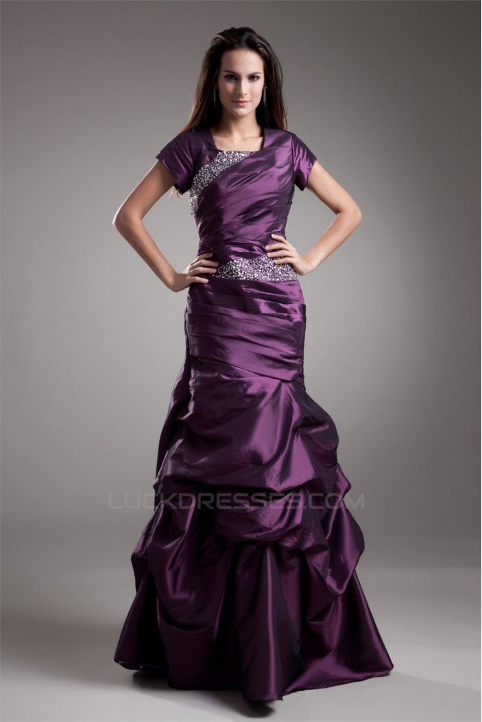 A-Line Taffeta Pleats Floor-Length Short Sleeve Mother of the Bride Dresses 02020639
