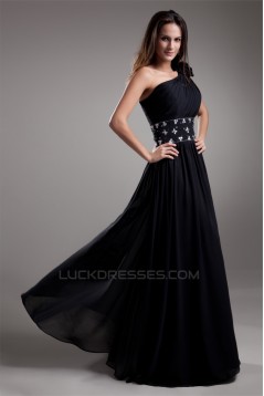 A-Line One-Shoulder Beaded Black Floor-Length Prom/Formal Evening Dresses 02020714