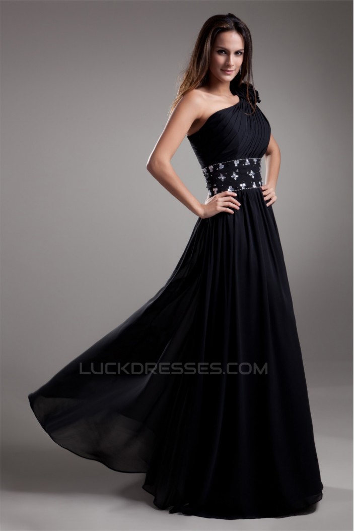 A-Line One-Shoulder Beaded Black Floor-Length Prom/Formal Evening Dresses 02020714