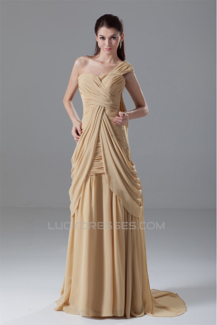 Draped A-Line One-Shoulder Brush Sweep Train Prom/Formal Evening Dresses 02020716
