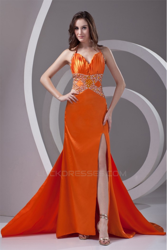Elastic Woven Satin Halter Beading Sleeveless Prom/Formal Evening Dresses 02020722