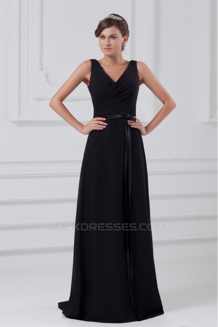 A-Line V-Neck Long Black Chiffon Evening Party Bridesmaid Dresses 02020823
