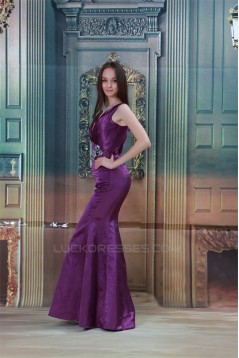 Satin V-Neck Crystal Flora Pin Brush Sweep Train Prom/Formal Evening Dresses 02020827