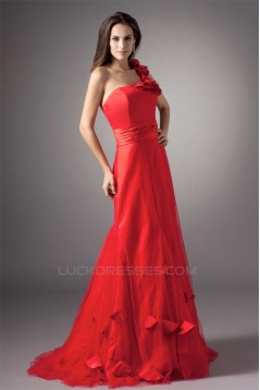 A-Line Silk like Satin Net Handmade Flowers Prom/Formal Evening Dresses 02020858