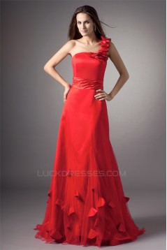 A-Line Silk like Satin Net Handmade Flowers Prom/Formal Evening Dresses 02020858