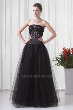 A-Line Sleeveless Beading Satin Fine Netting Strapless Prom/Formal Evening Dresses 02020868