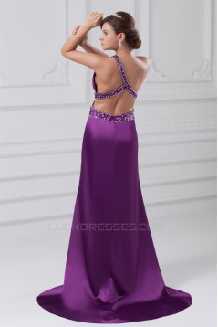 A-Line Sleeveless Elastic Woven Satin One-Shoulder Long Purple Beading Prom/Formal Evening Dresses 02020876