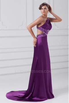 A-Line Sleeveless Elastic Woven Satin One-Shoulder Long Purple Beading Prom/Formal Evening Dresses 02020876