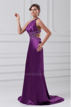 A-Line Sleeveless Elastic Woven Satin One-Shoulder Long Purple Beading Prom/Formal Evening Dresses 02020876