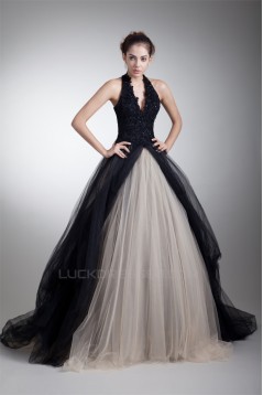 Ball Gown Sleeveless Halter Beaded Appliques Net Prom/Formal Evening Dresses 02020882