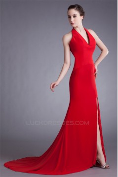 Split Side Sleeveless Halter Chiffon Elastic Woven Satin Prom/Formal Evening Dresses 02020914