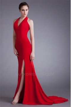 Split Side Sleeveless Halter Chiffon Elastic Woven Satin Prom/Formal Evening Dresses 02020914