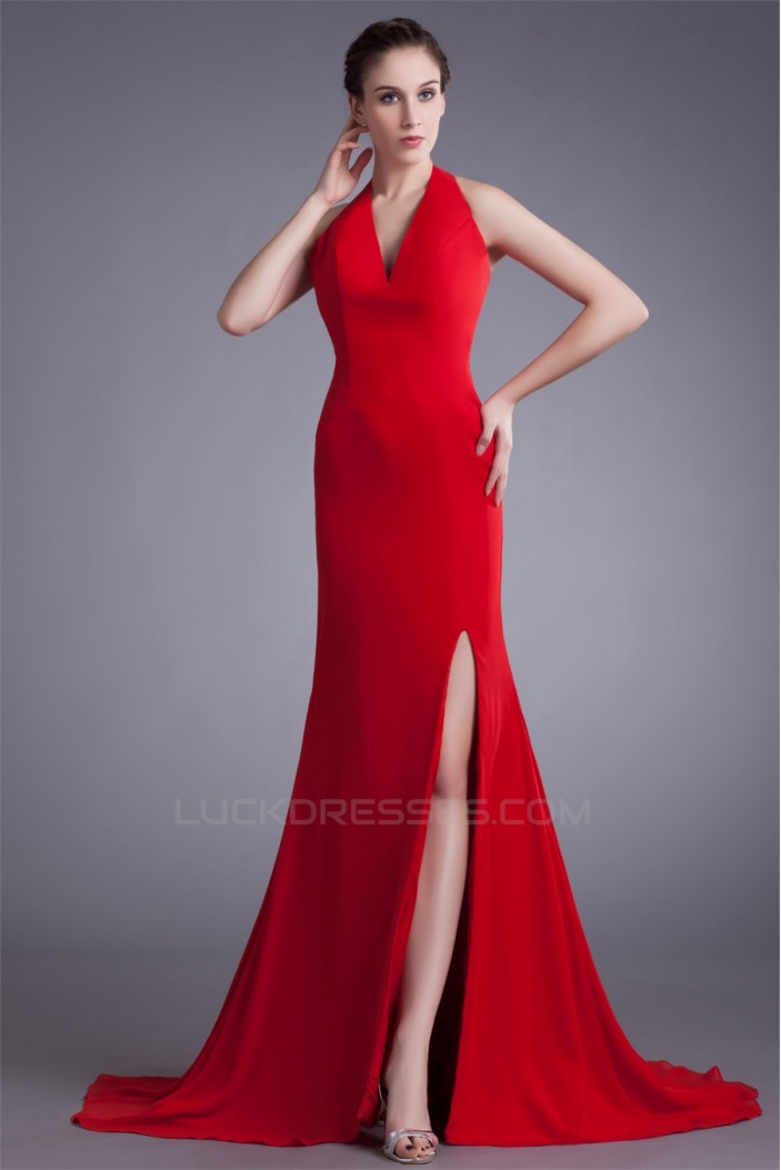 Split Side Sleeveless Halter Chiffon Elastic Woven Satin Prom/Formal Evening Dresses 02020914