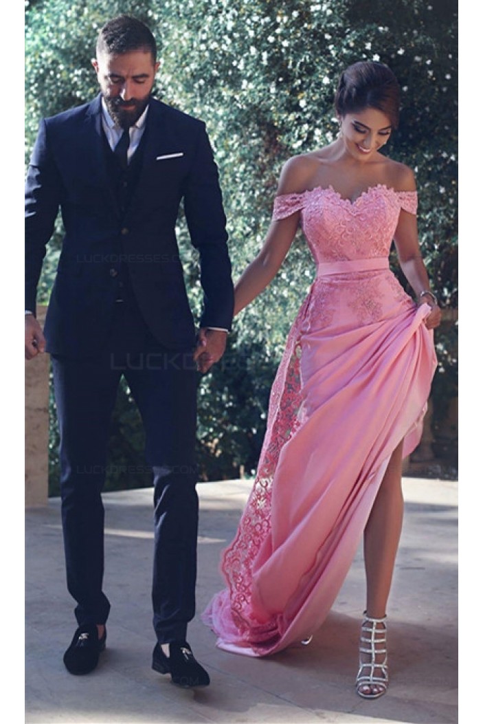 Charming Off-the-Shoulder Long Pink Lace Prom Evening Formal Dresses 3020001