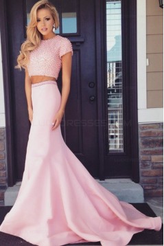 Two Pieces Pink Keyhole Back Prom Evening Formal Dresses 3020002