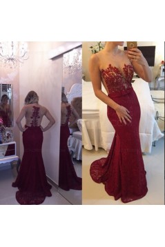 Trumpet/Mermaid Lace Long Red See Through Prom Evening Formal Dresses 3020013