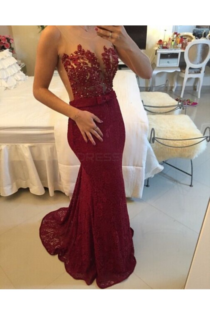 Trumpet/Mermaid Lace Long Red See Through Prom Evening Formal Dresses 3020013