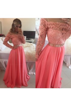 A-Line Off-the-Shoulder Long Sleeves Lace Chiffon Prom Evening Formal Dresses 3020015