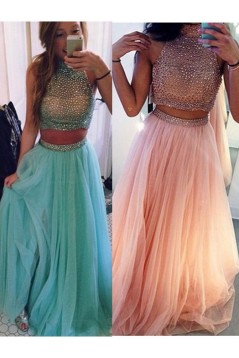 Two Pieces Beaded High Neck Long Prom Evening Formal Dresses 3020018