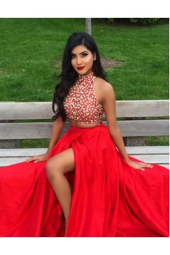 Red Two Pieces Beaded High Neck Long Prom Evening Formal Dresses 3020020
