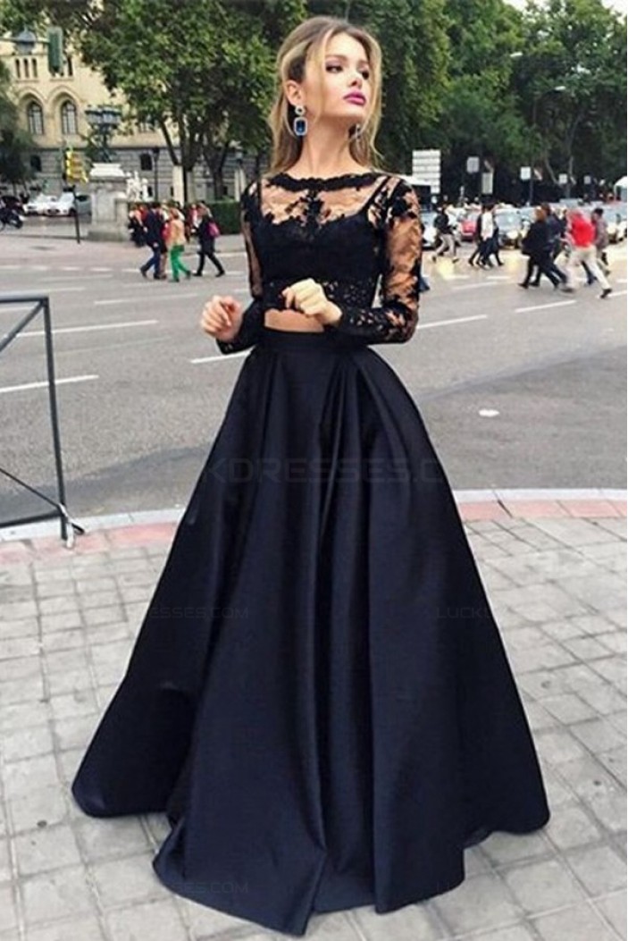 Two Pieces Long Sleeves Black Lace Prom Evening Formal Dresses 3020024