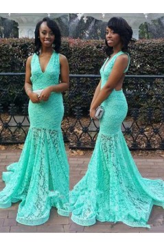 Trumpet/Mermaid V-Neck Lace Long Prom Evening Formal Dresses 3020052