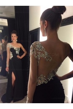Sheath Beaded One-Sleeve Long Black Prom Evening Formal Dresses 3020056
