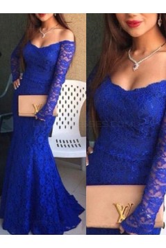 Trumpet/Mermaid Off-the-Shoulder Lace Long Blue Prom Evening Formal Dresses 3020058