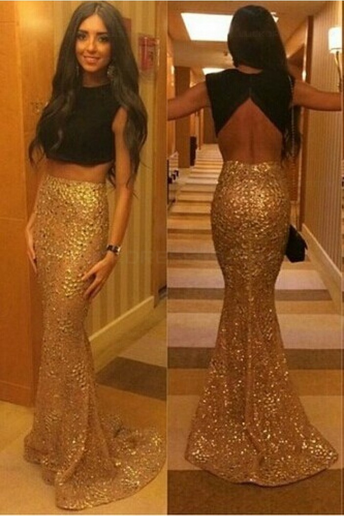 Trumpet/Mermaid Two Pieces Lace Long Black Gold Prom Evening Formal Dresses 3020060