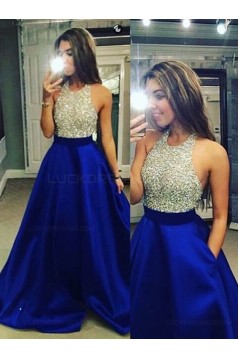 A-Line Halter Sequins Blue Satin Long Prom Evening Formal Dresses 3020062