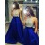 A-Line Halter Sequins Blue Satin Long Prom Evening Formal Dresses 3020062