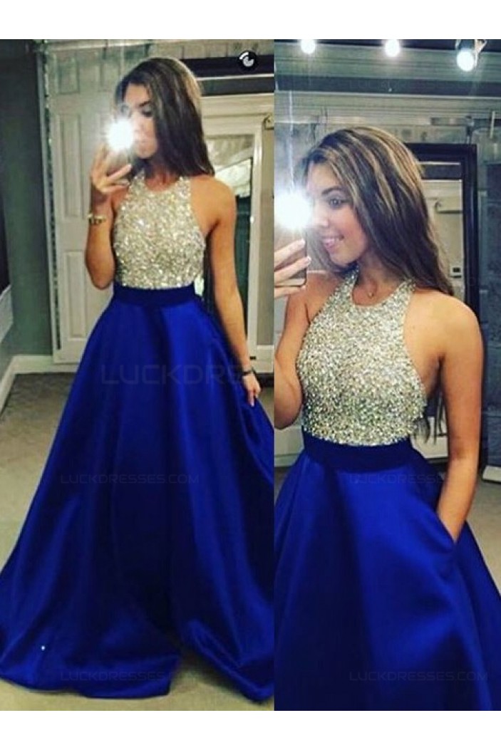 A-Line Halter Sequins Blue Satin Long Prom Evening Formal Dresses 3020062