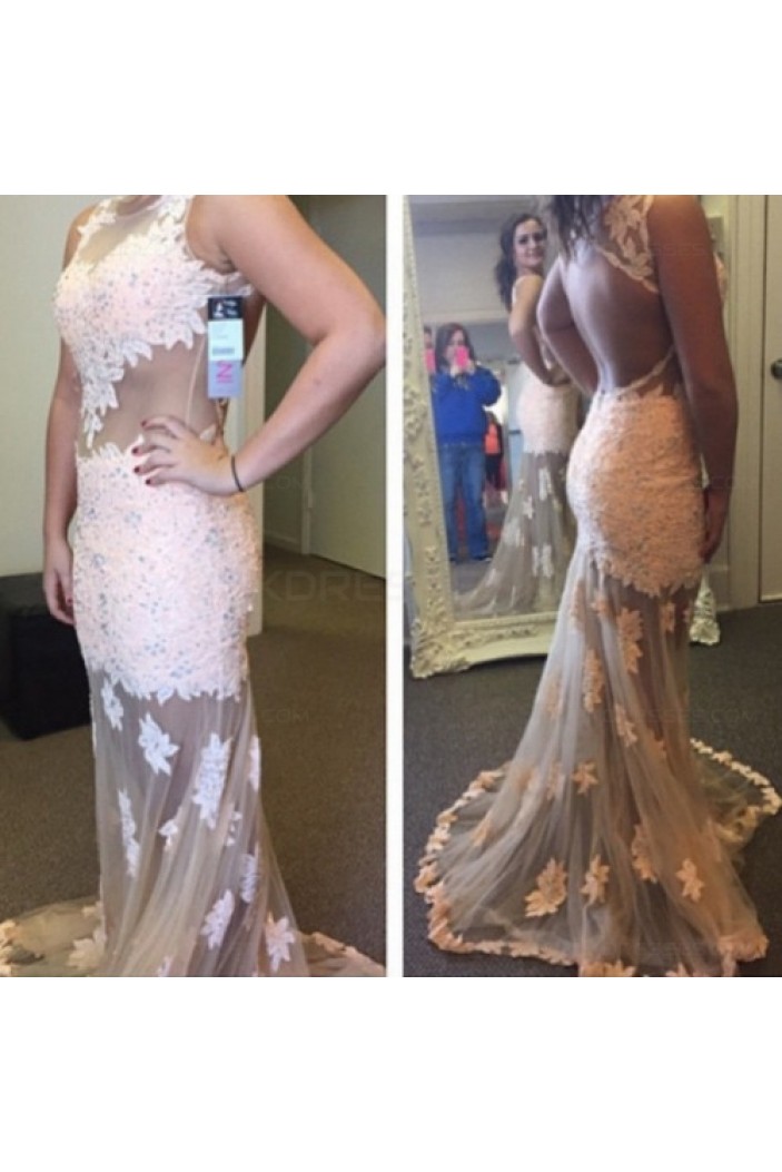 Sexy See Through Lace Appliques Long Prom Evening Formal Dresses 3020064