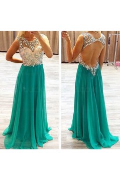 Beaded Green Chiffon Keyhole Back Long Prom Evening Formal Dresses 3020069